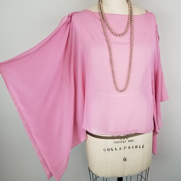 Pretty Rose Pink Sheer Chiffon Batwing Blouse with Open Sleeve Detail * One Size - Picture 3 of 9